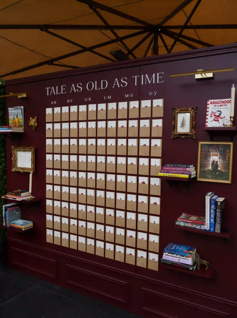 Wedding seating chart designed to look like a vintage library check-out