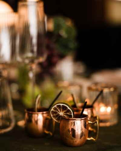 Mini Moscow Mule signature cocktail in a copper mug at Novelty Hill-Januik Winery wedding